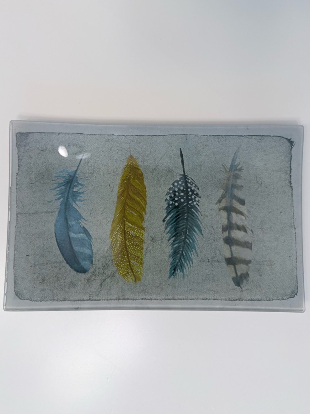 Chloe & Isabel Feather Art Glass Tray - Blue and Yellow Feathers